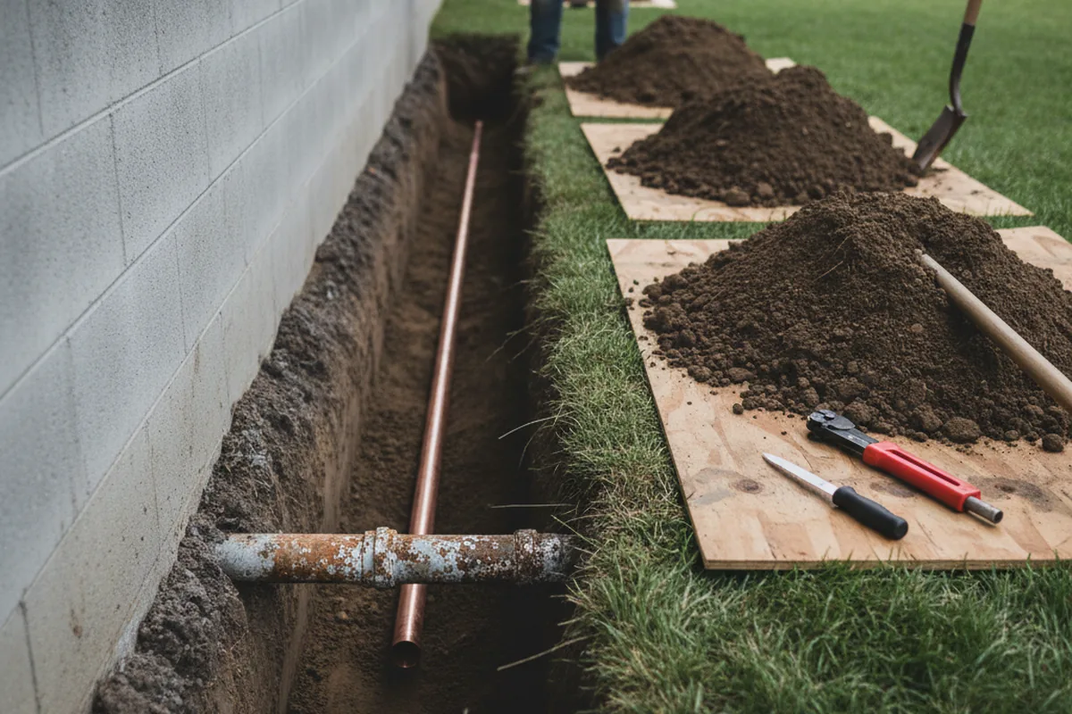 Excavated water line trench during Water Softener Installation in Buena